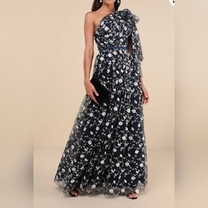 Lulus Whimsical Allure Navy Mesh Embroidered One-Shoulder Maxi Dress